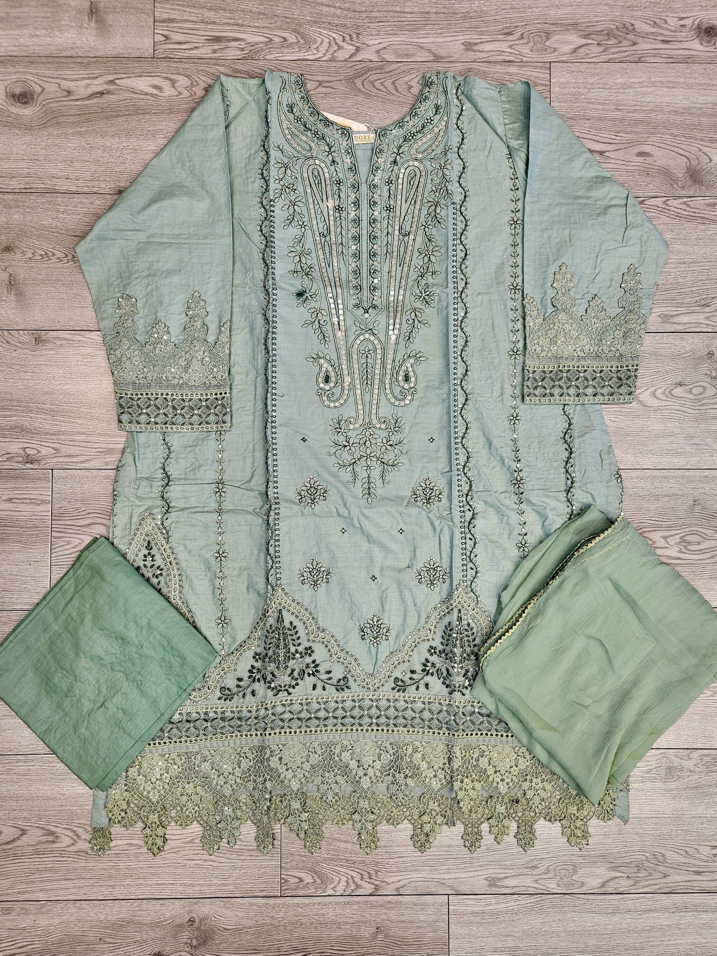 QMR parakeet green and dark green colour thread and laser cut chikan embroidered cotton fabric shalwar kameez with dupatta in sizes [M to 7XL] womenswear traditional plus size clothing
