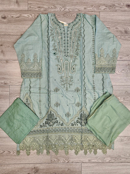 QMR parakeet green and dark green colour thread and laser cut chikan embroidered cotton fabric shalwar kameez with dupatta in sizes [M to 7XL] womenswear traditional plus size clothing