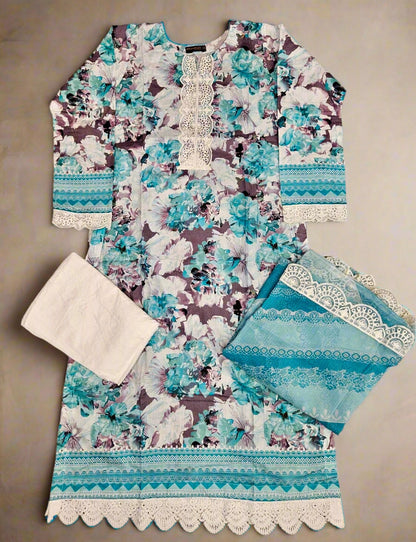 MB Baby blue and vampire grey colour floral print with embroidery cotton fabric shalwar kameez in Sizes M to 7XL - Womenswear traditional clothing plus size comfort Summer, Eid