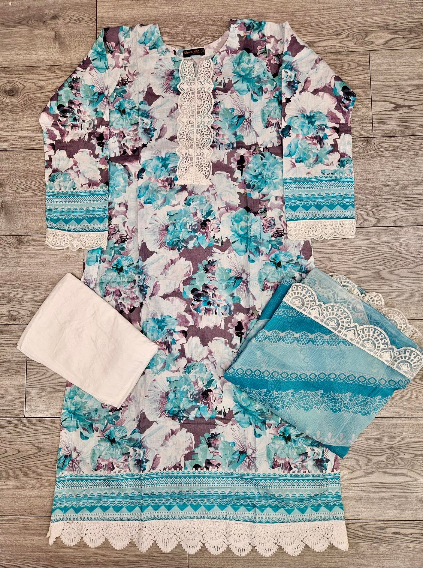 MB Baby blue and vampire grey colour floral print with embroidery cotton fabric shalwar kameez in Sizes M to 7XL - Womenswear traditional clothing plus size comfort Summer, Eid
