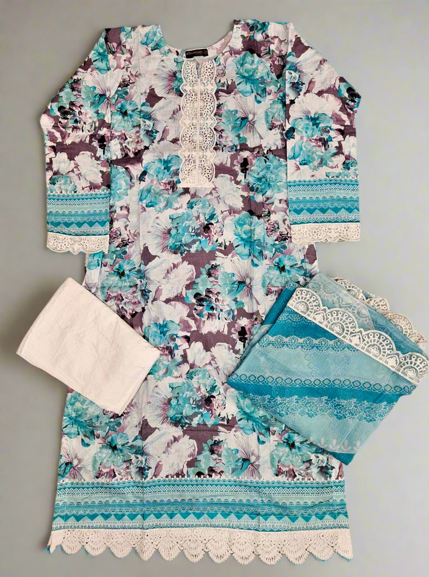 MB Baby blue and vampire grey colour floral print with embroidery cotton fabric shalwar kameez in Sizes M to 7XL - Womenswear traditional clothing plus size comfort Summer, Eid