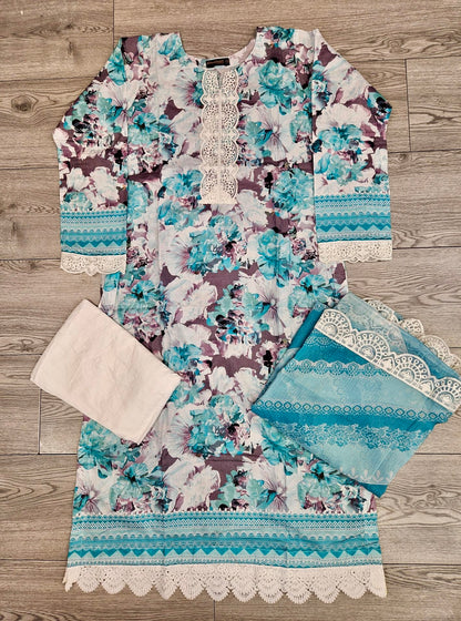 MB Baby blue and vampire grey colour floral print with embroidery cotton fabric shalwar kameez in Sizes M to 7XL - Womenswear traditional clothing plus size comfort Summer, Eid