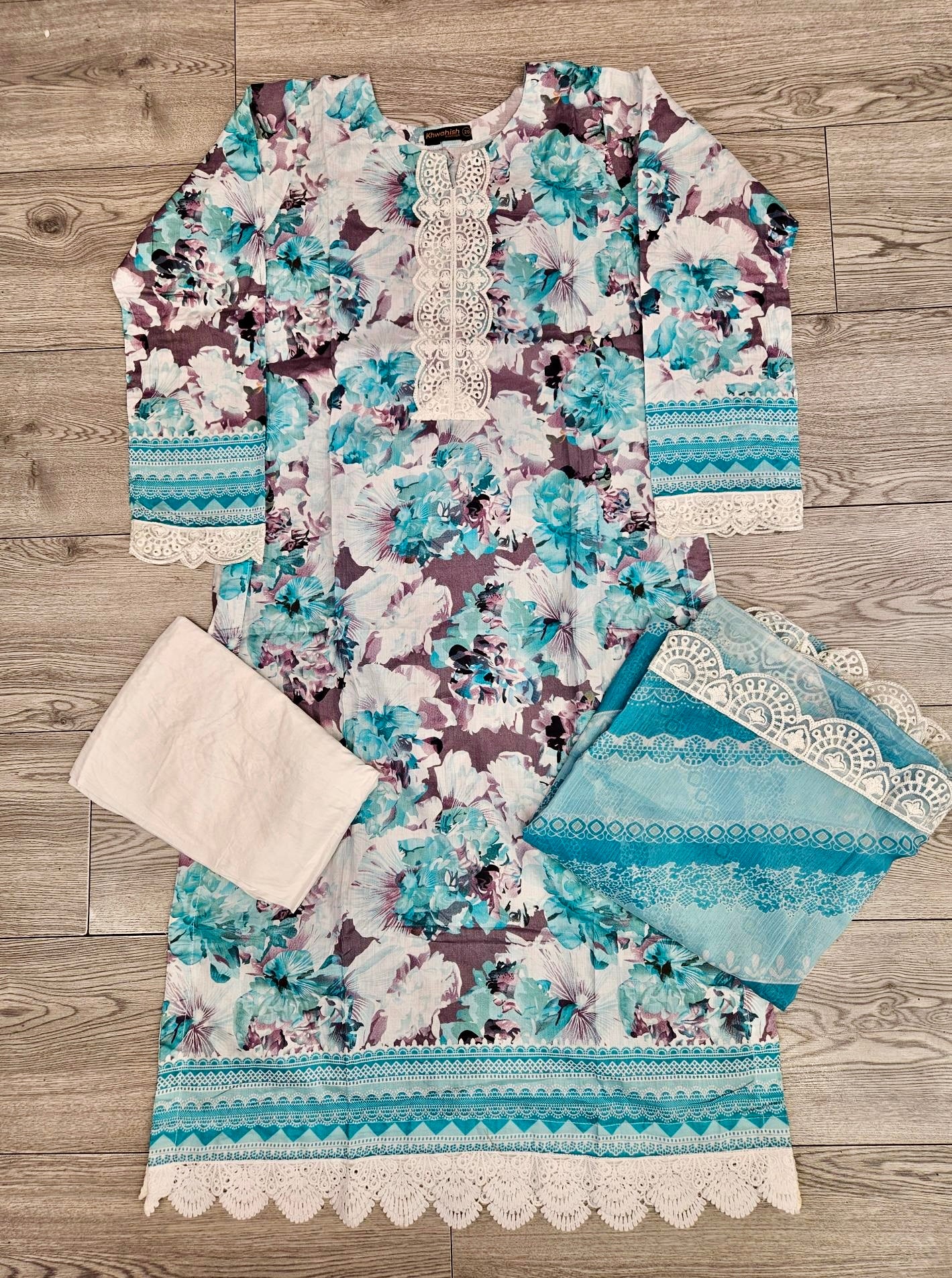 MB Baby blue and vampire grey colour floral print with embroidery cotton fabric shalwar kameez in Sizes M to 7XL - Womenswear traditional clothing plus size comfort Summer, Eid