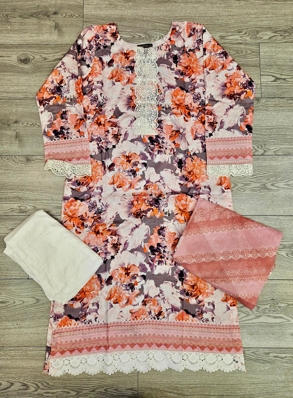 MB Tiger orange and white colour floral print with embroidery