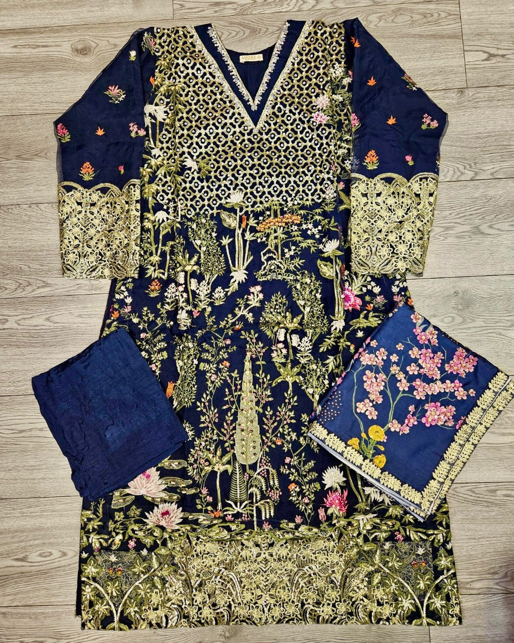 CRM Saira midnight blue gold colour hand embellished in pearls crystals stones