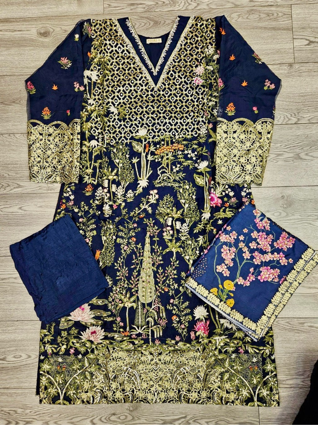 CRM Saira midnight blue gold colour hand embellished in pearls crystals stones