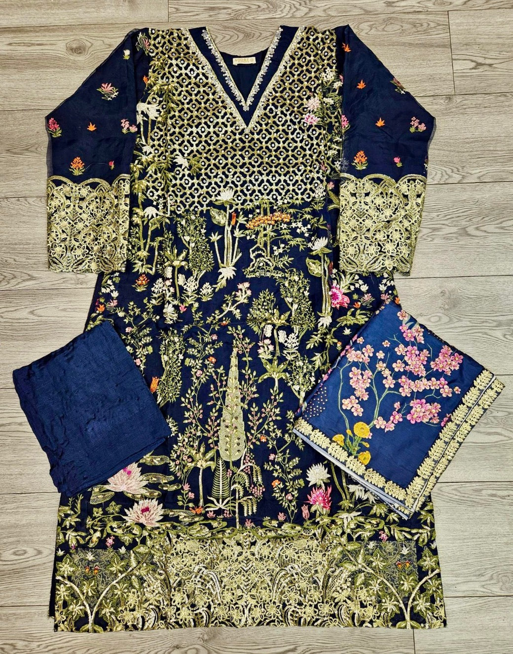 CRM Saira midnight blue gold colour hand embellished in pearls crystals stones