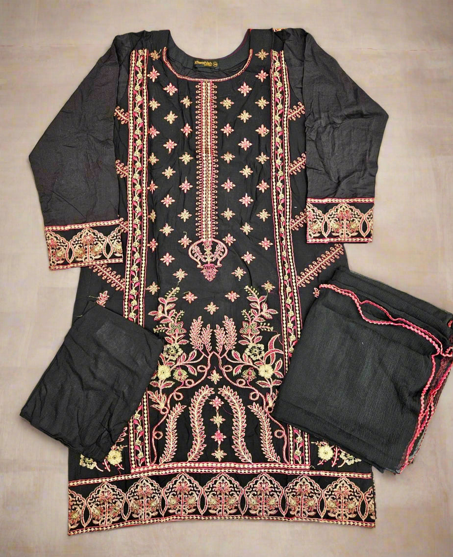 AD6 Black and rose red colour thread and sequins embroidery shalwar kameez in linen fabric