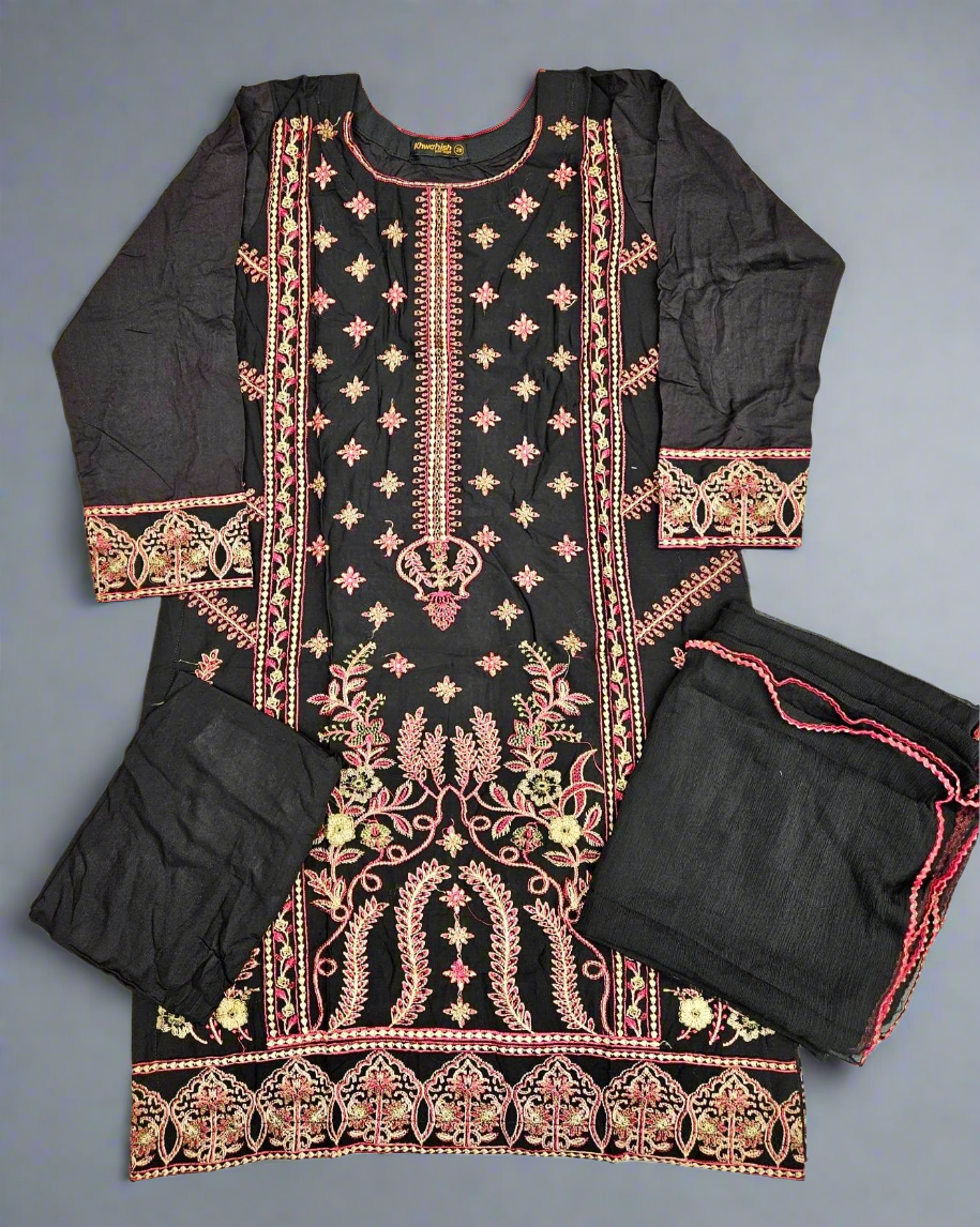 AD6 Black and rose red colour thread and sequins embroidery shalwar kameez in linen fabric