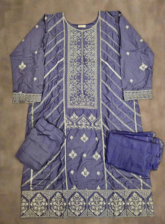 AD5 Iris purple and dark silver colour zari and thread embroidery shalwar kameez in linen fabric
