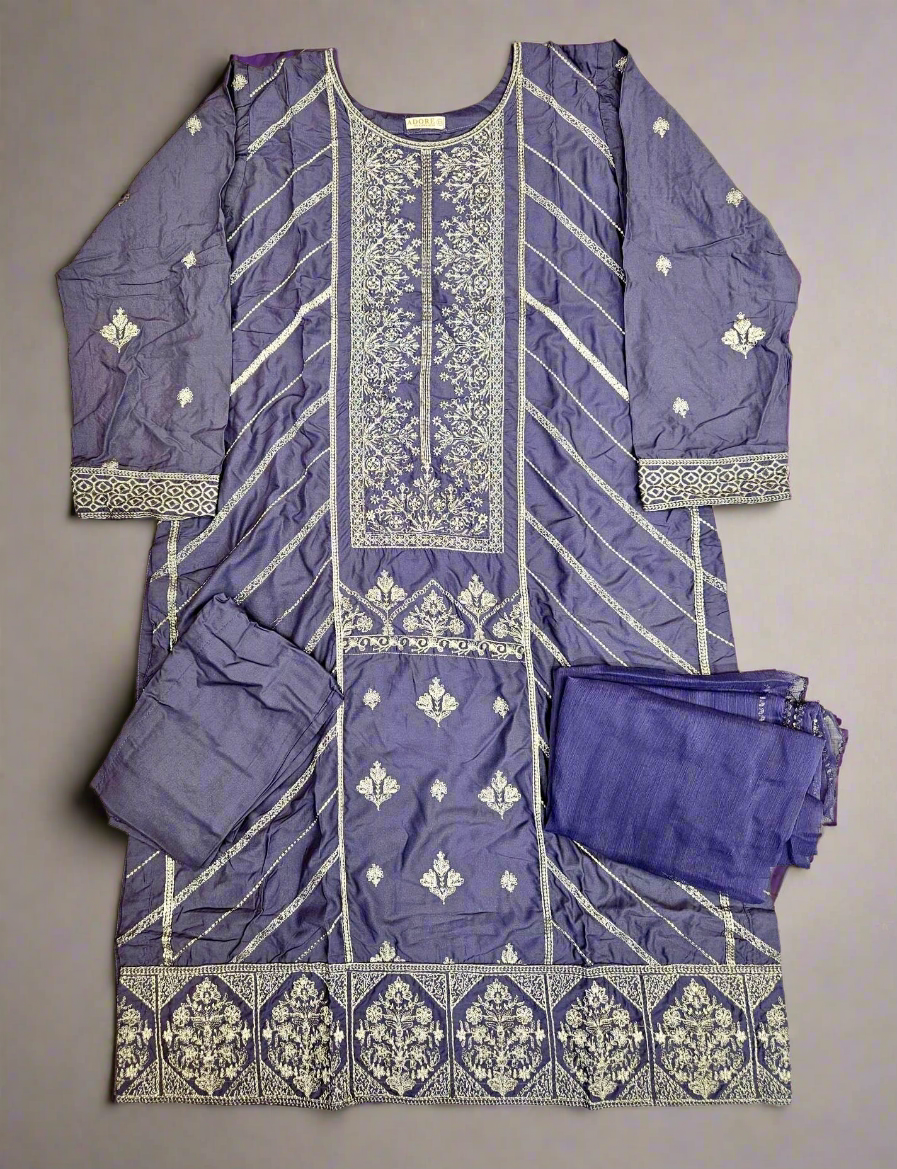 AD5 Iris purple and dark silver colour zari and thread embroidery shalwar kameez in linen fabric
