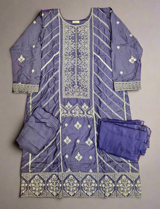 AD5 Iris purple and dark silver colour zari and thread embroidery shalwar kameez in linen fabric-Sizes [M to 7XL]- womenswear traditional clothing plus size comfort, Eid