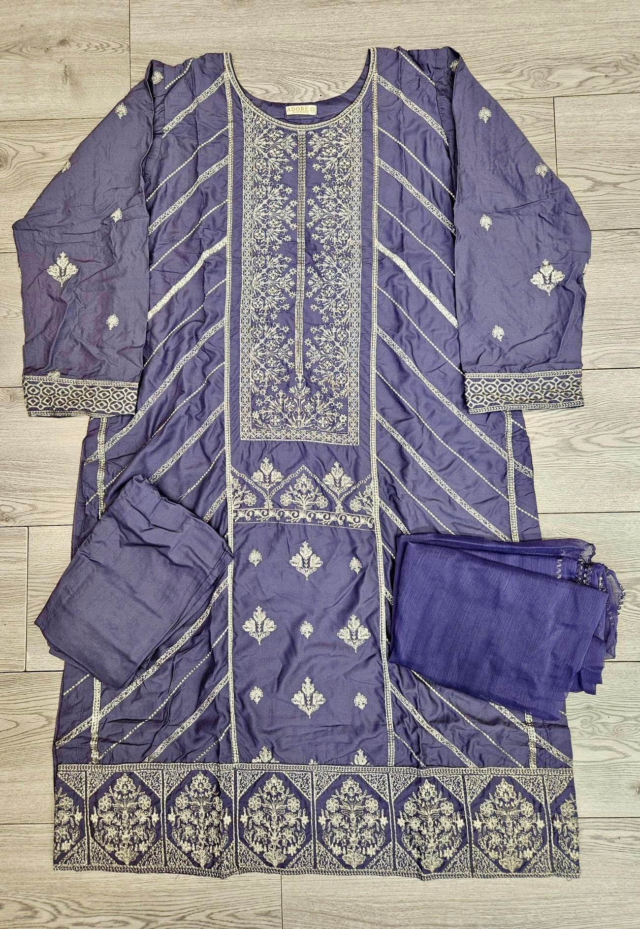 AD5 Iris purple and dark silver colour zari and thread embroidery shalwar kameez in linen fabric