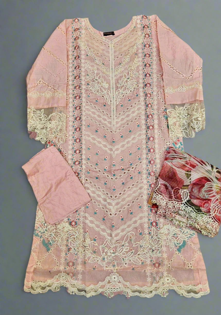 CRM Rose pink colour laser cut chikan embroidery in thread and sequins shalwar kameez in cotton fabric