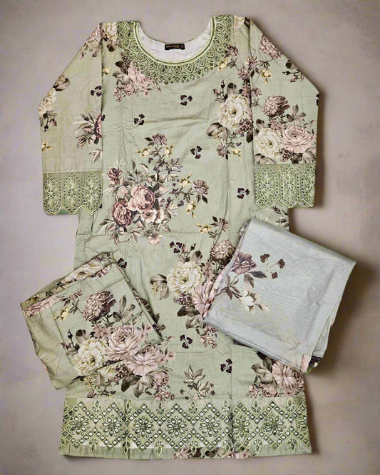 MB Swamp green and black colour floral print with embroidery