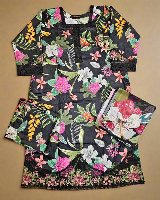 MB Black and pink colour floral print with embroidery cotton fabric