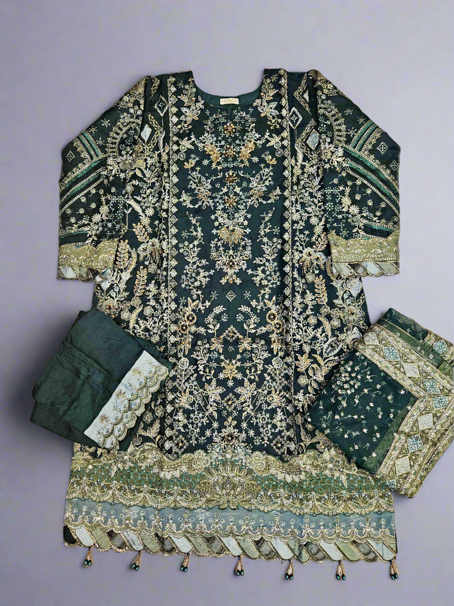 BRQ Chantelle juniper green colour hand embellished chiffon fabric