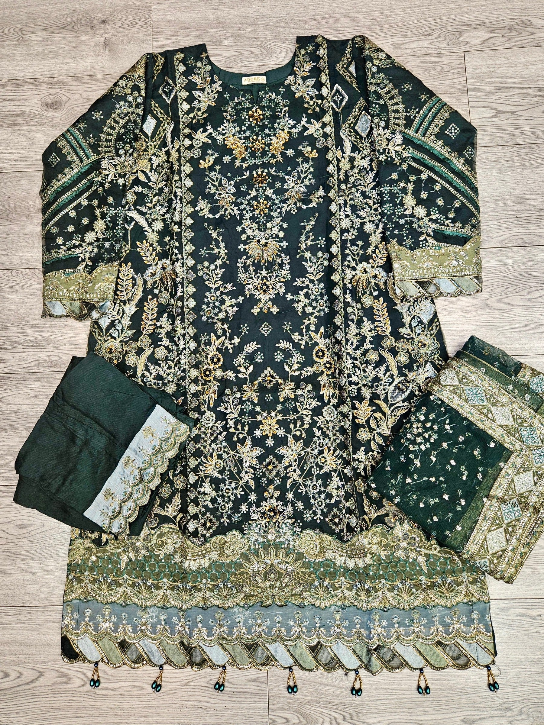 BRQ Chantelle juniper green colour hand embellished chiffon fabric