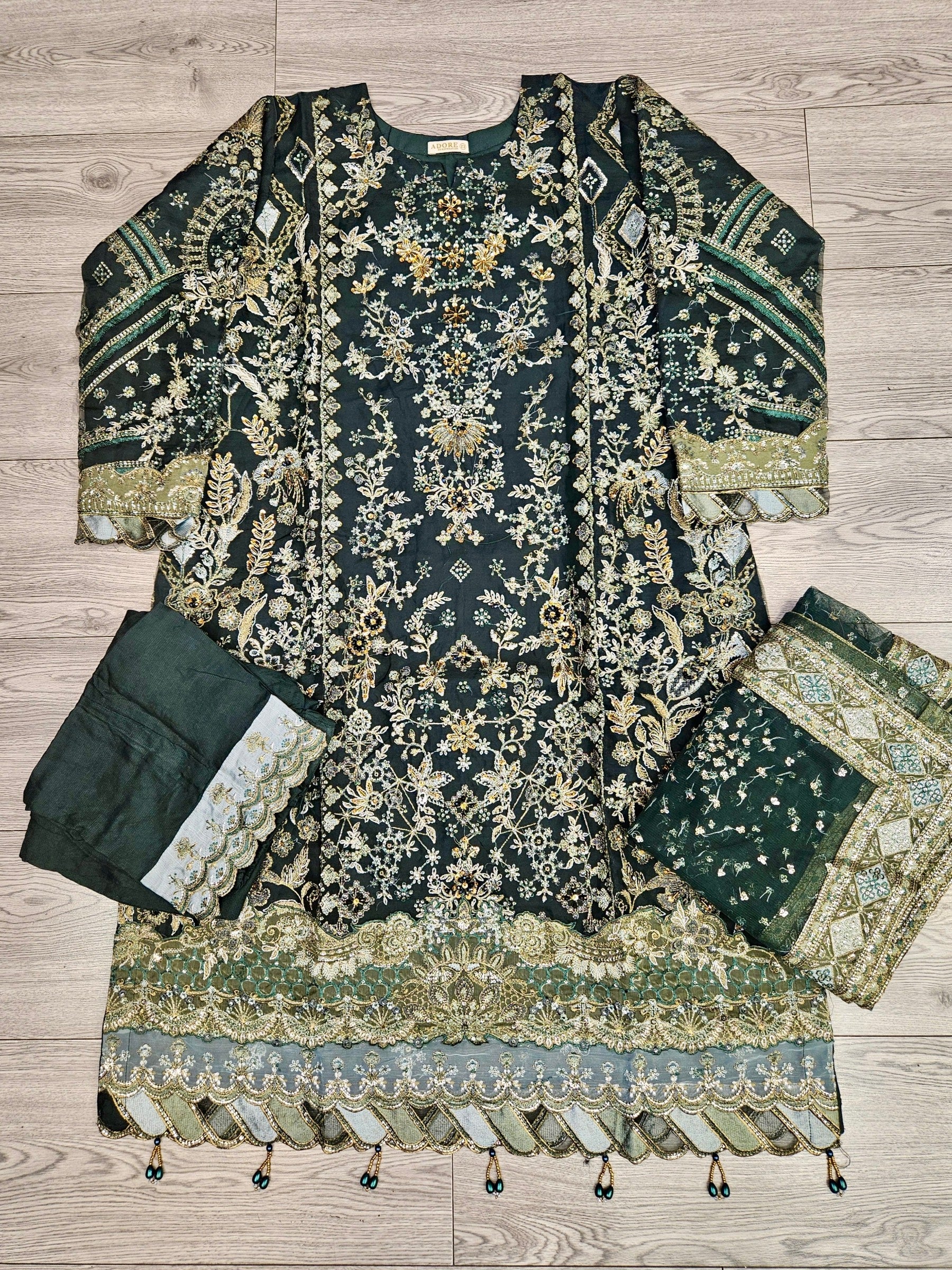 BRQ Chantelle juniper green colour hand embellished chiffon fabric