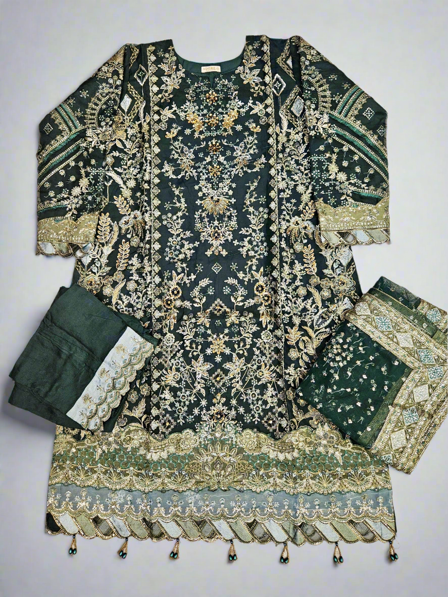 BRQ Chantelle juniper green colour hand embellished chiffon fabric