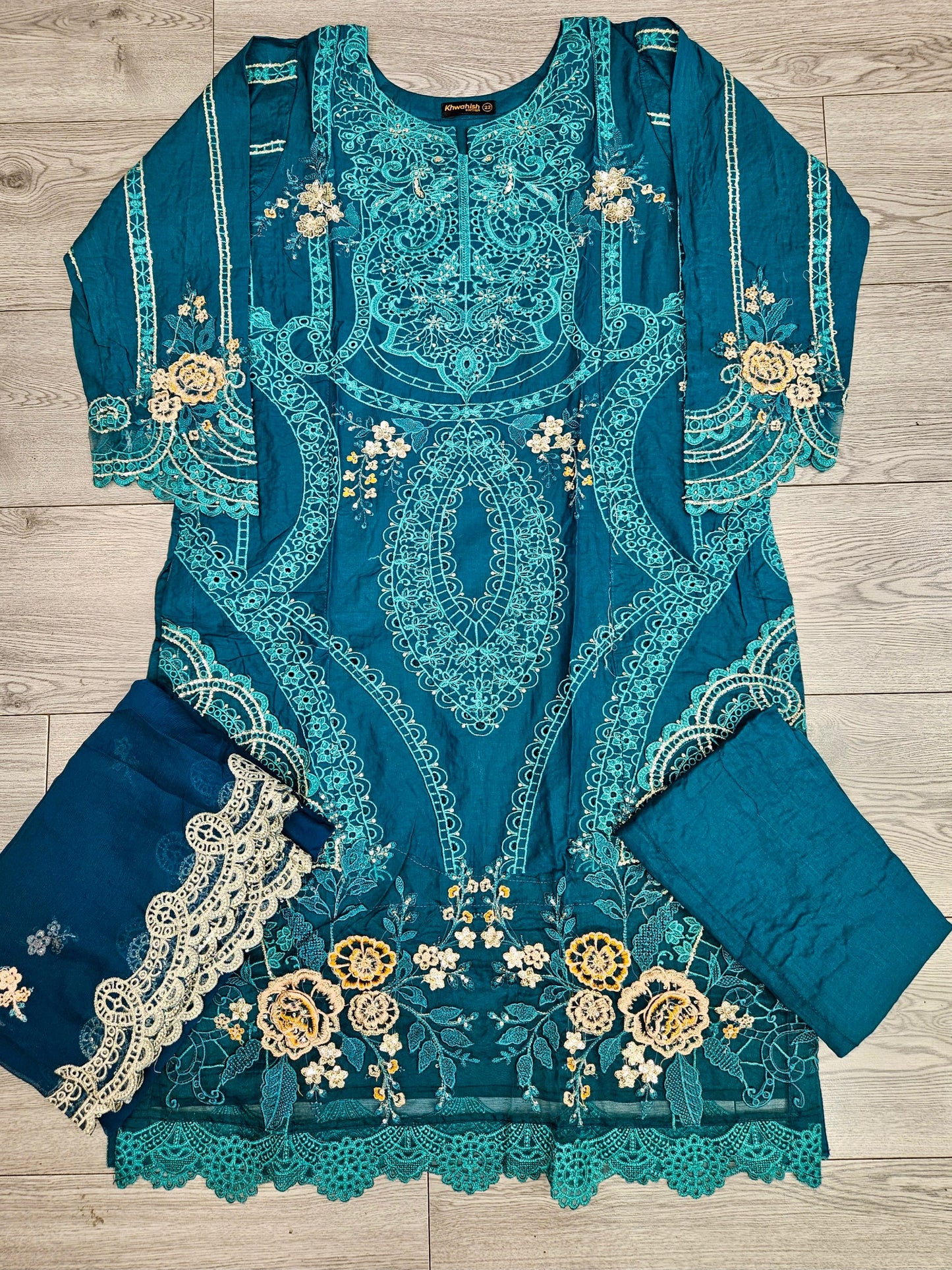 MB teal blue and silver colour laser cut thread and sequin