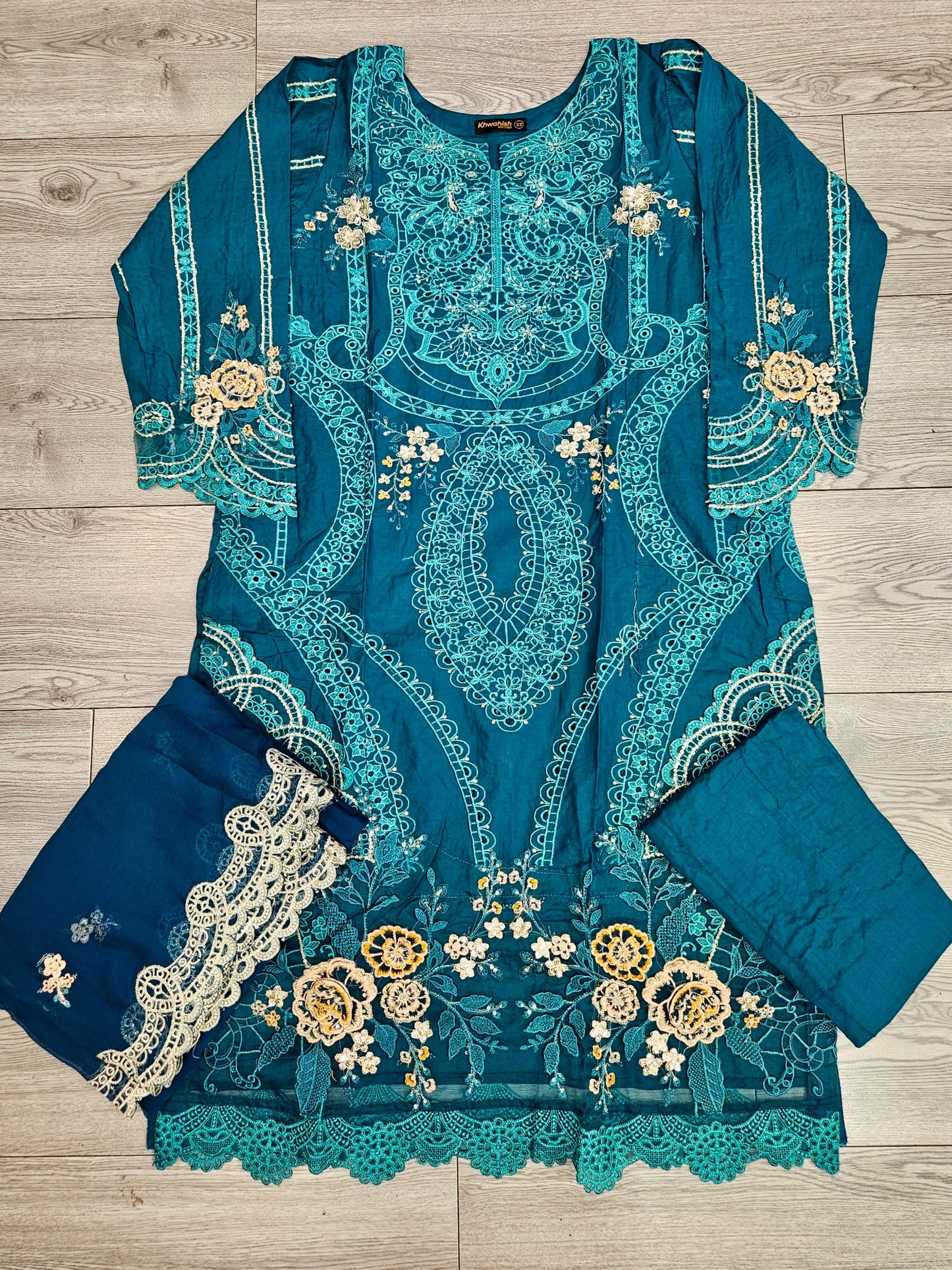 MB teal blue and silver colour laser cut thread and sequin
