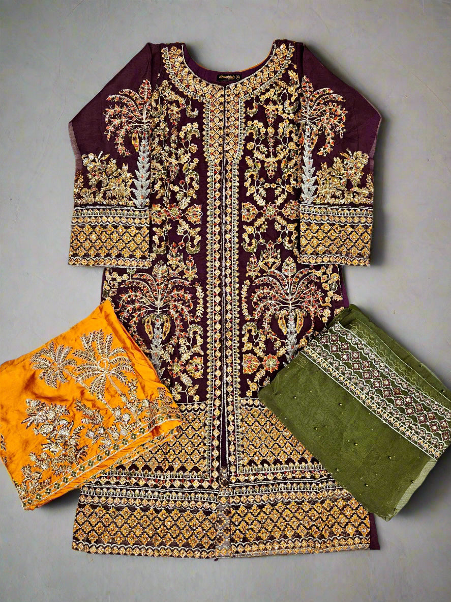 MNR Zarlish plum red marigold orange and olive green embellished sharara