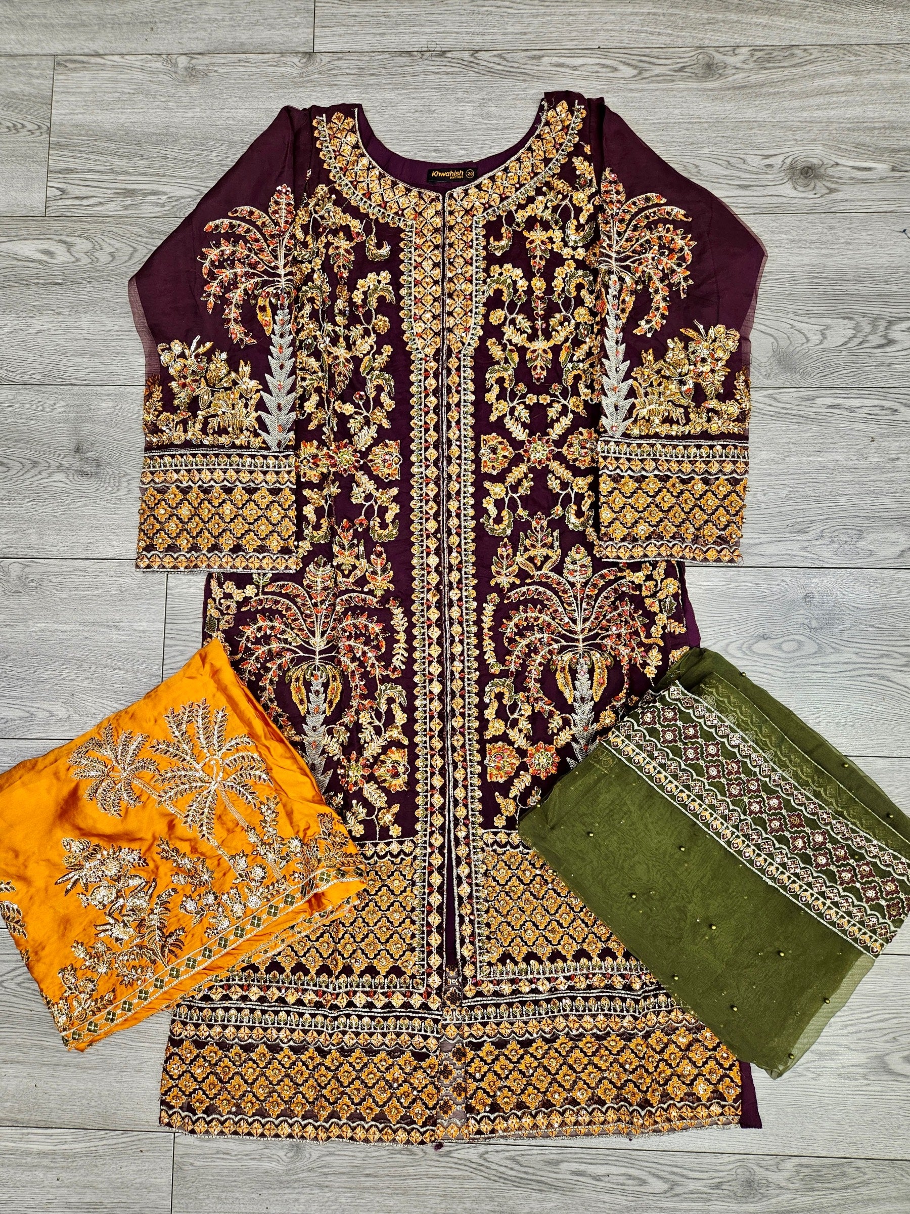 MNR Zarlish plum red marigold orange and olive green embellished sharara