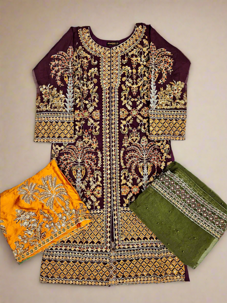 MNR Zarlish plum red marigold orange and olive green embellished sharara