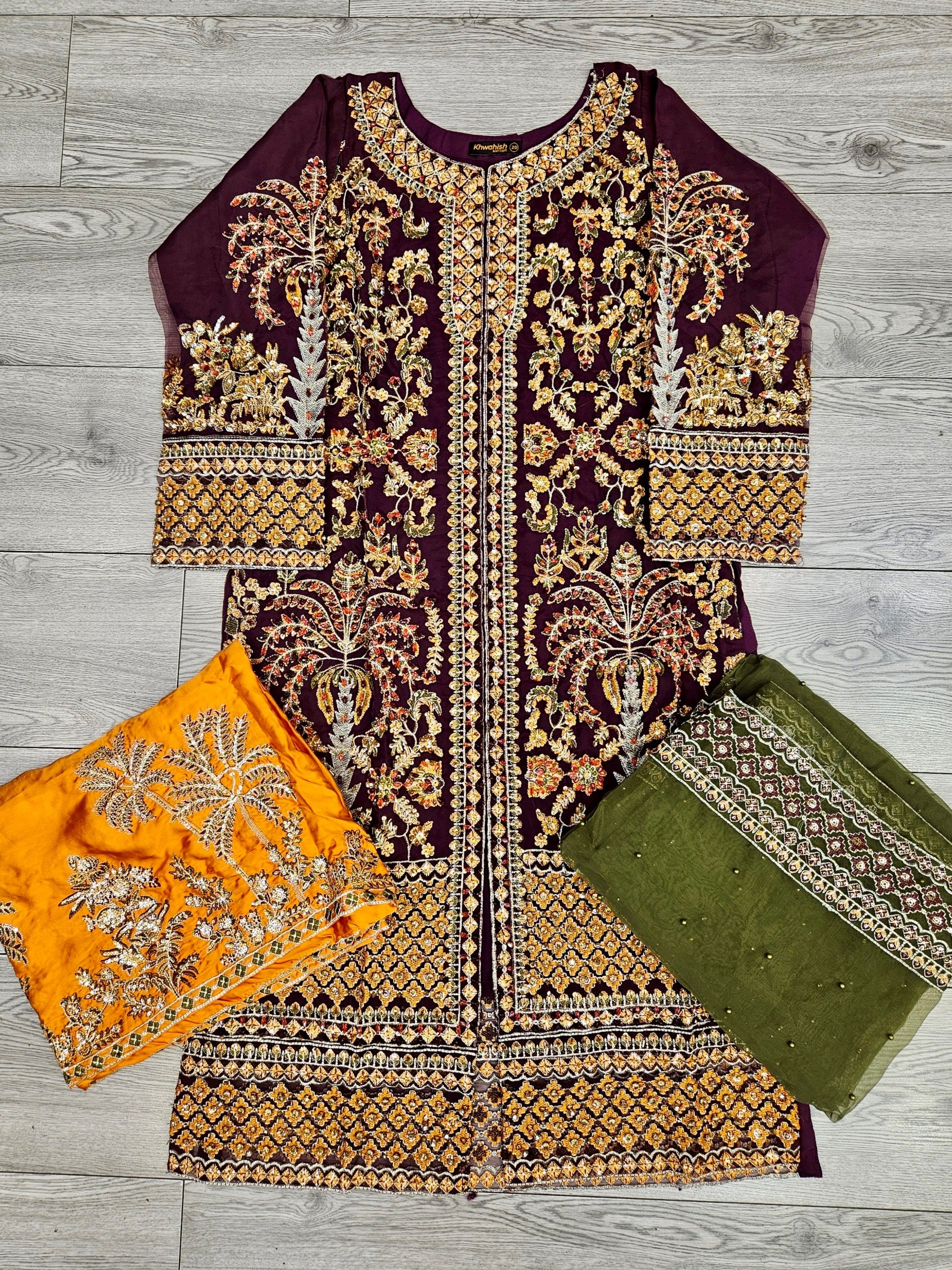 MNR Zarlish plum red marigold orange and olive green embellished sharara