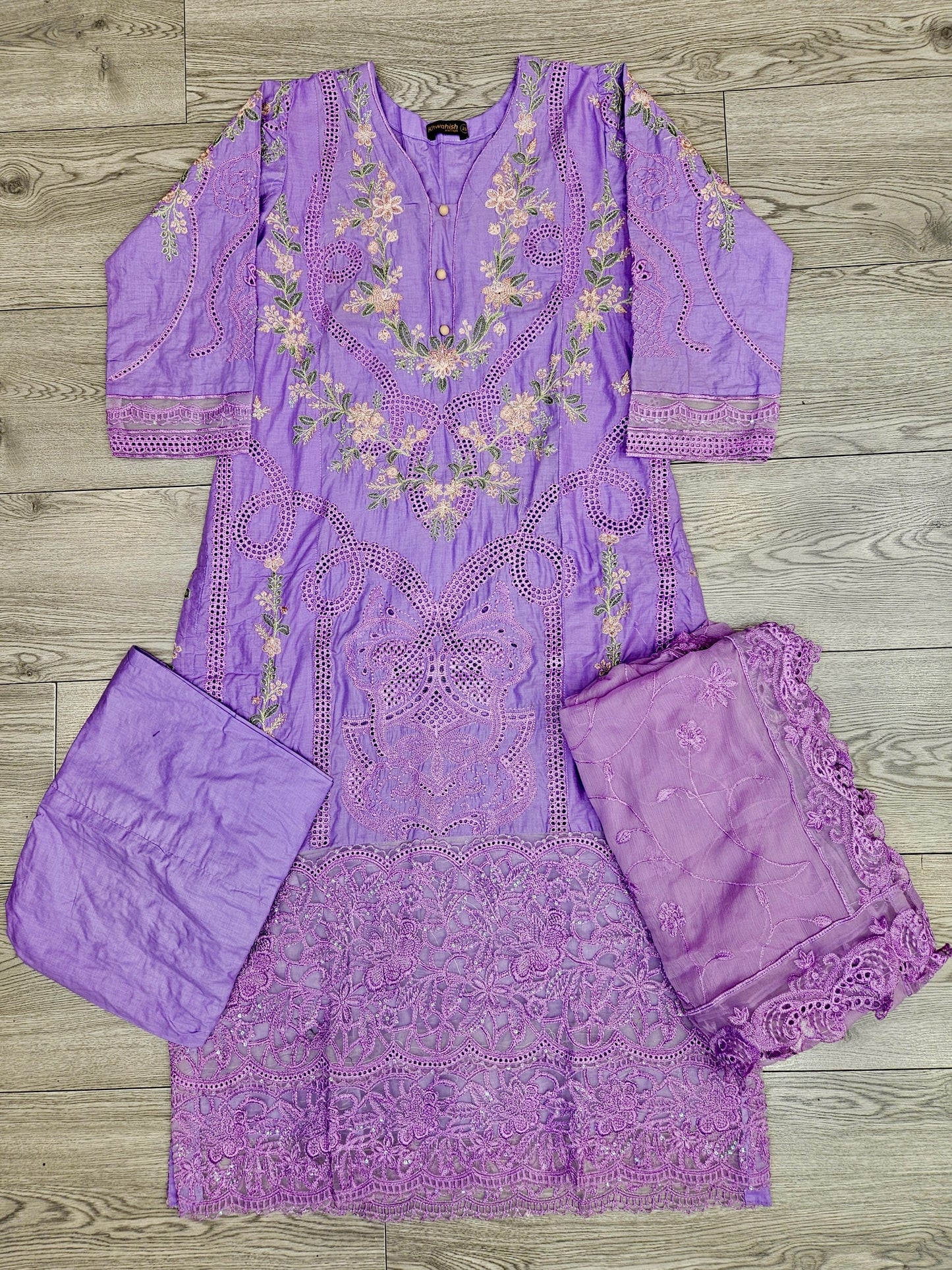 QMR lilac and green colour laser cut thread and sequin