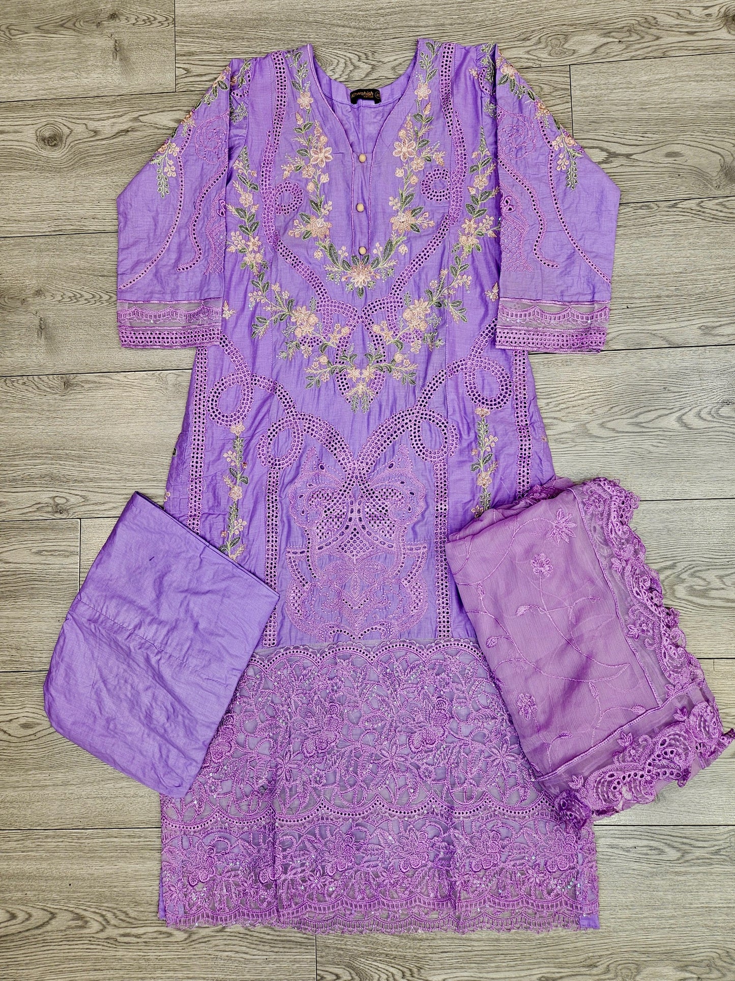 QMR lilac and green colour laser cut thread and sequin
