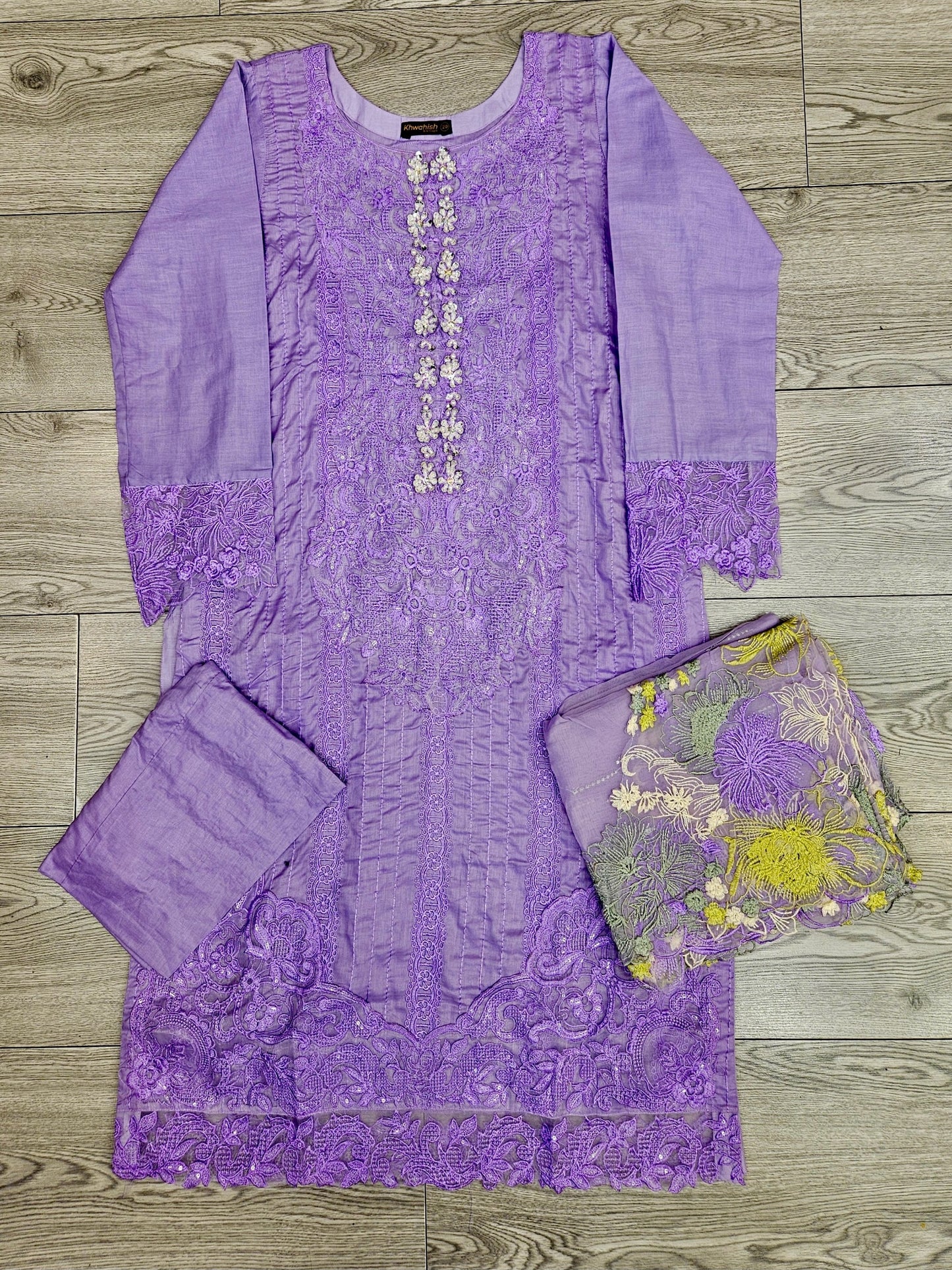 CRM lilac and volt green colour laser cut thread and sequin