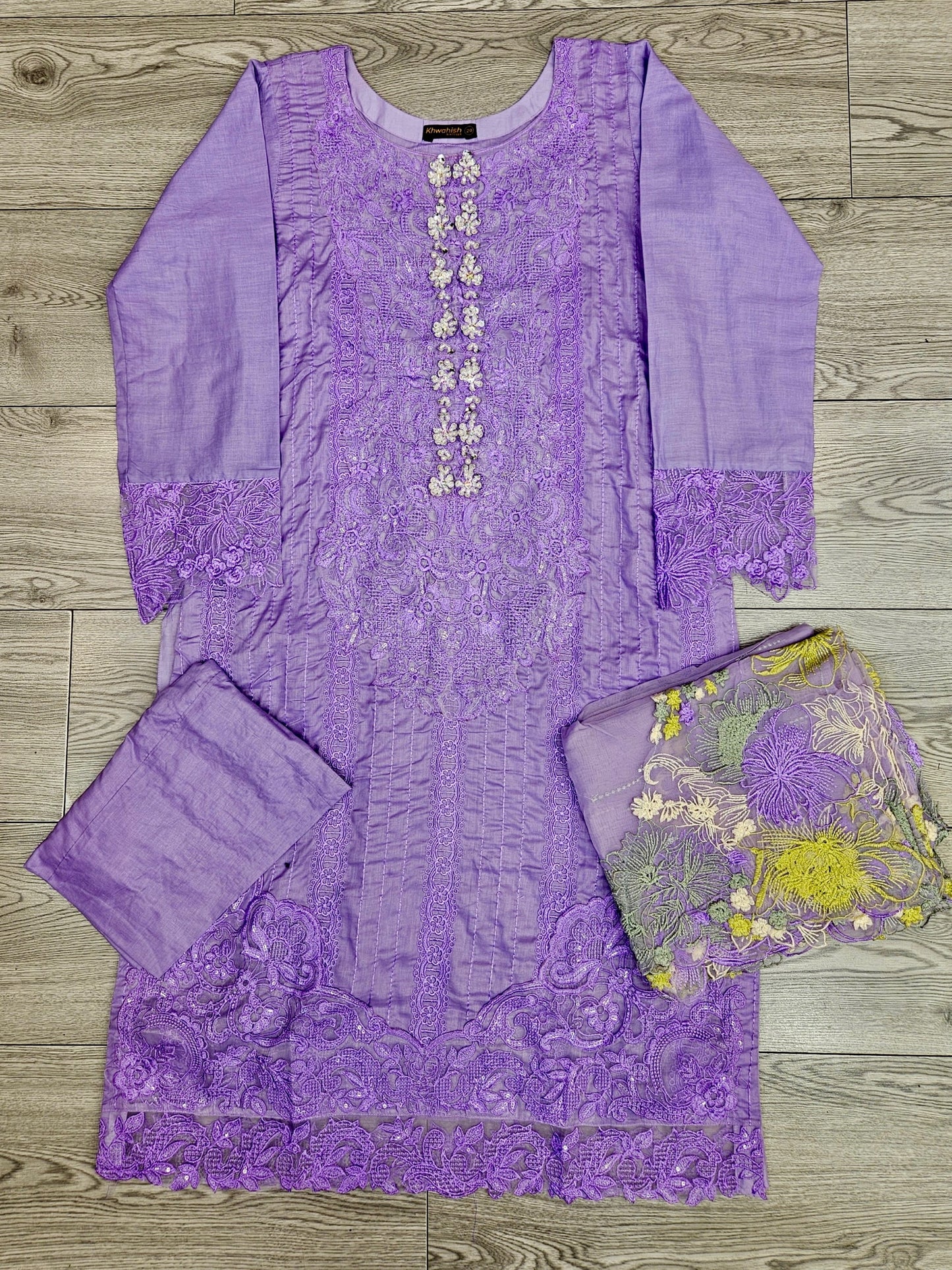 CRM lilac and volt green colour laser cut thread and sequin