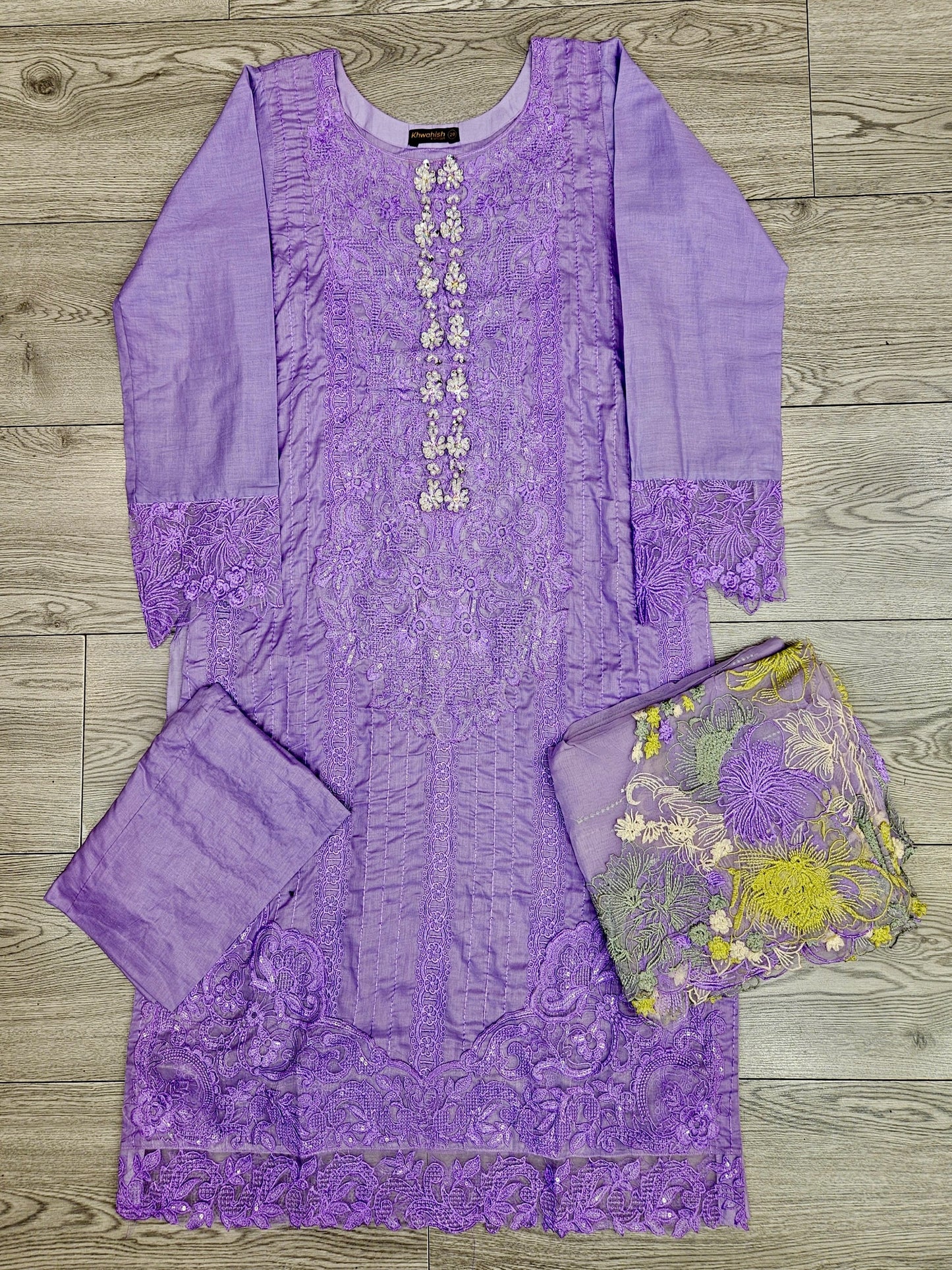 CRM lilac and volt green colour laser cut thread and sequin