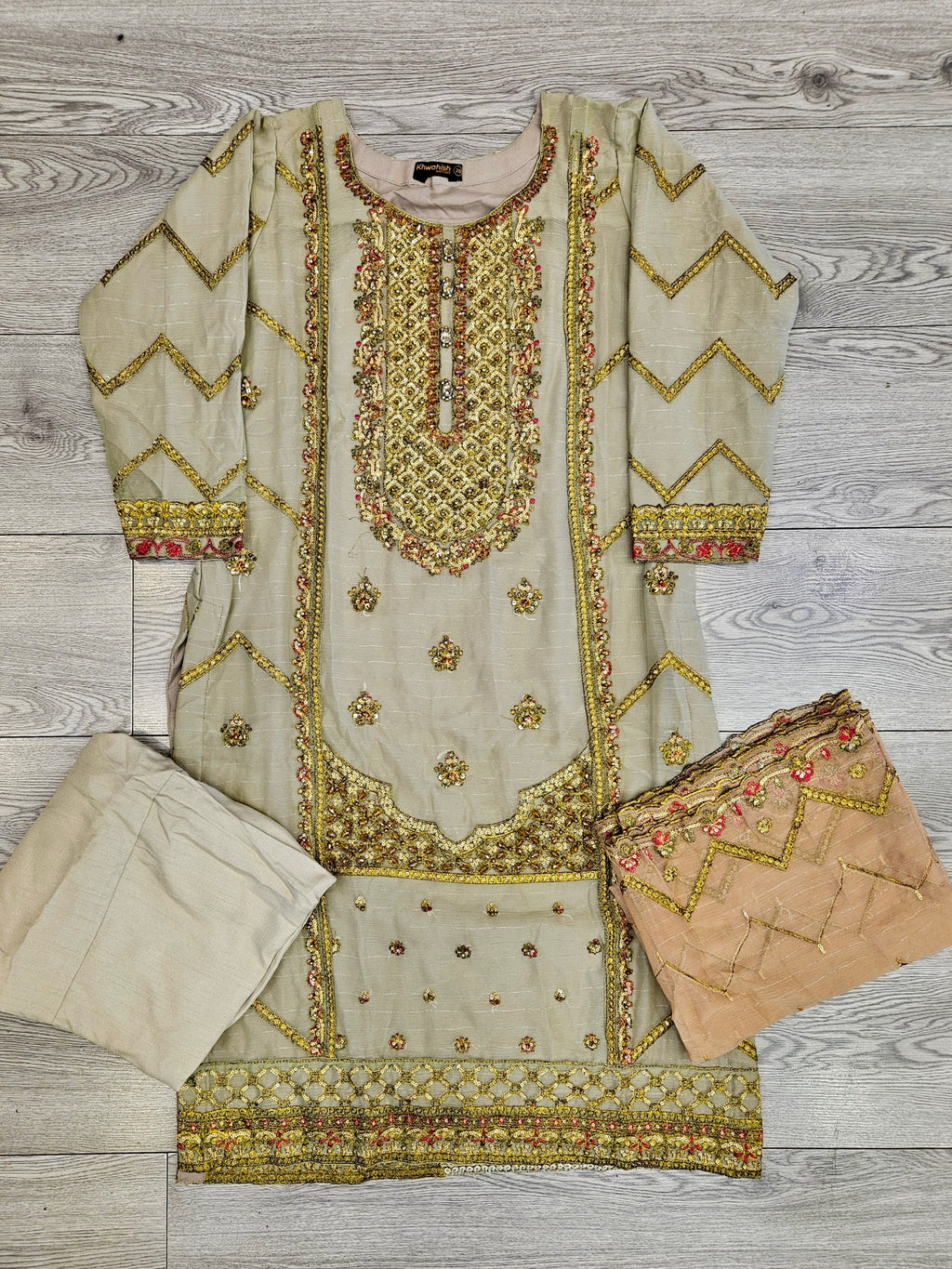 AG swamp green and gold colour hand embellished in pearls crystals stones