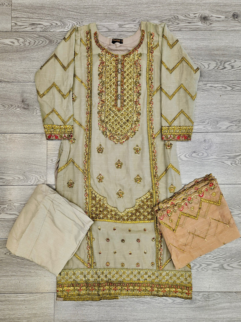 AG swamp green and gold colour hand embellished in pearls crystals stones