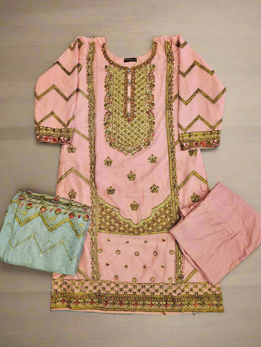 AG candlelight peach and teal blue colour hand embellished in pearls crystals stones