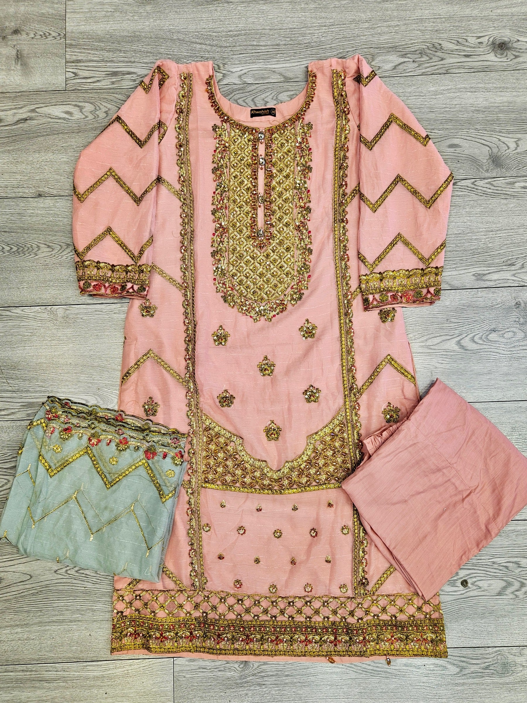 AG candlelight peach and teal blue colour hand embellished in pearls crystals stones