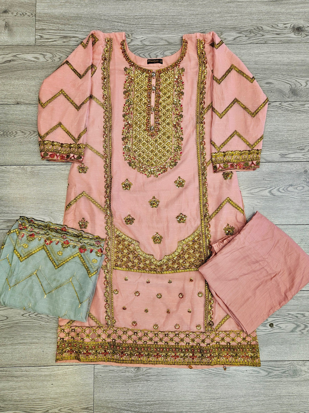 AG candlelight peach and teal blue colour hand embellished in pearls crystals stones