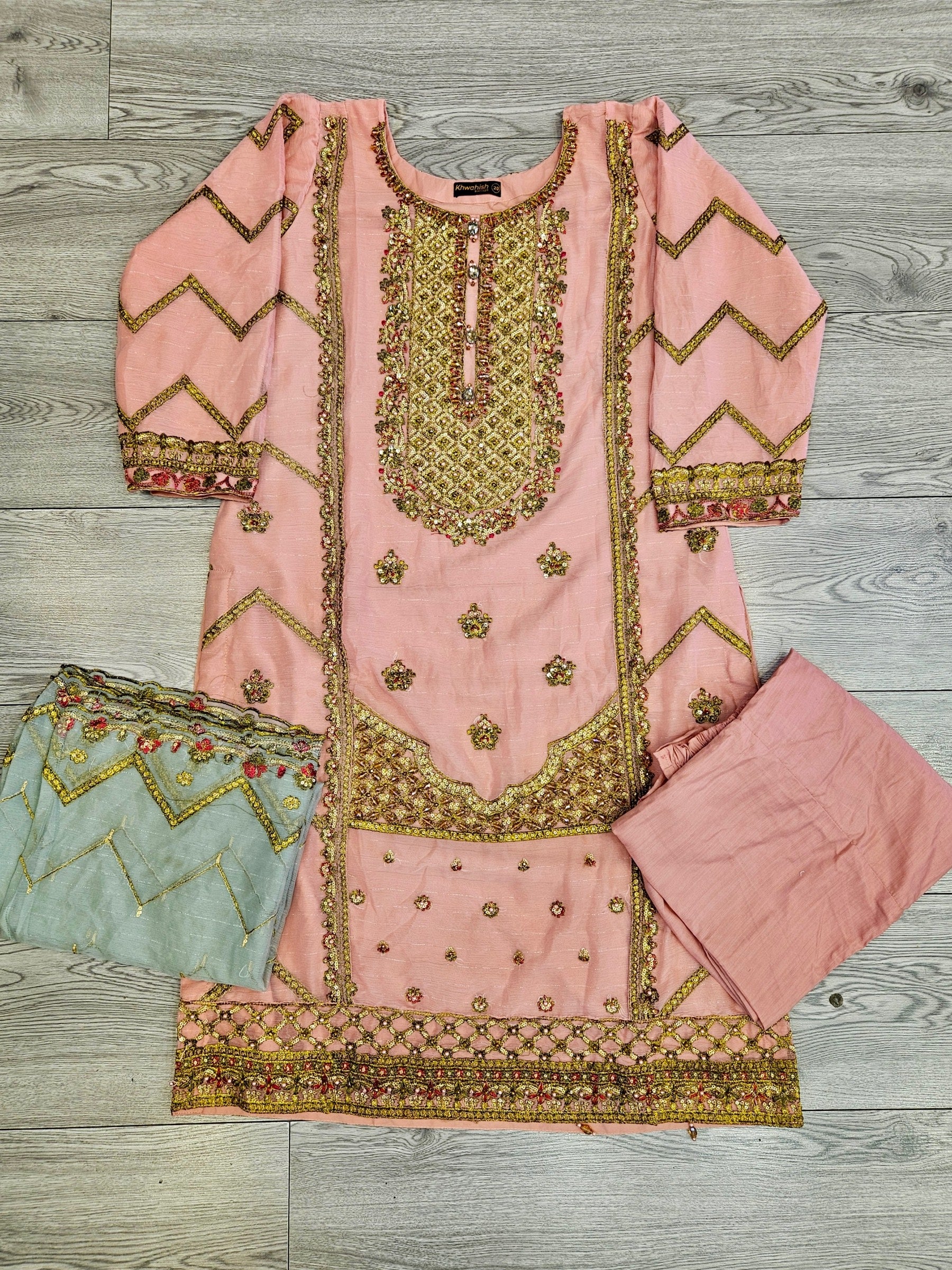 AG candlelight peach and teal blue colour hand embellished in pearls crystals stones