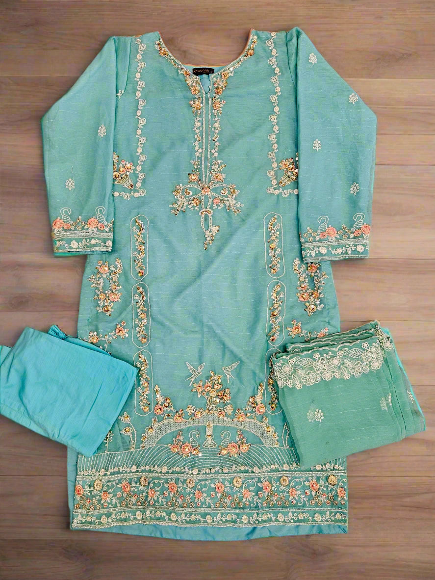 AG turquoise blue and peach colour hand embellished in pearls crystals stones