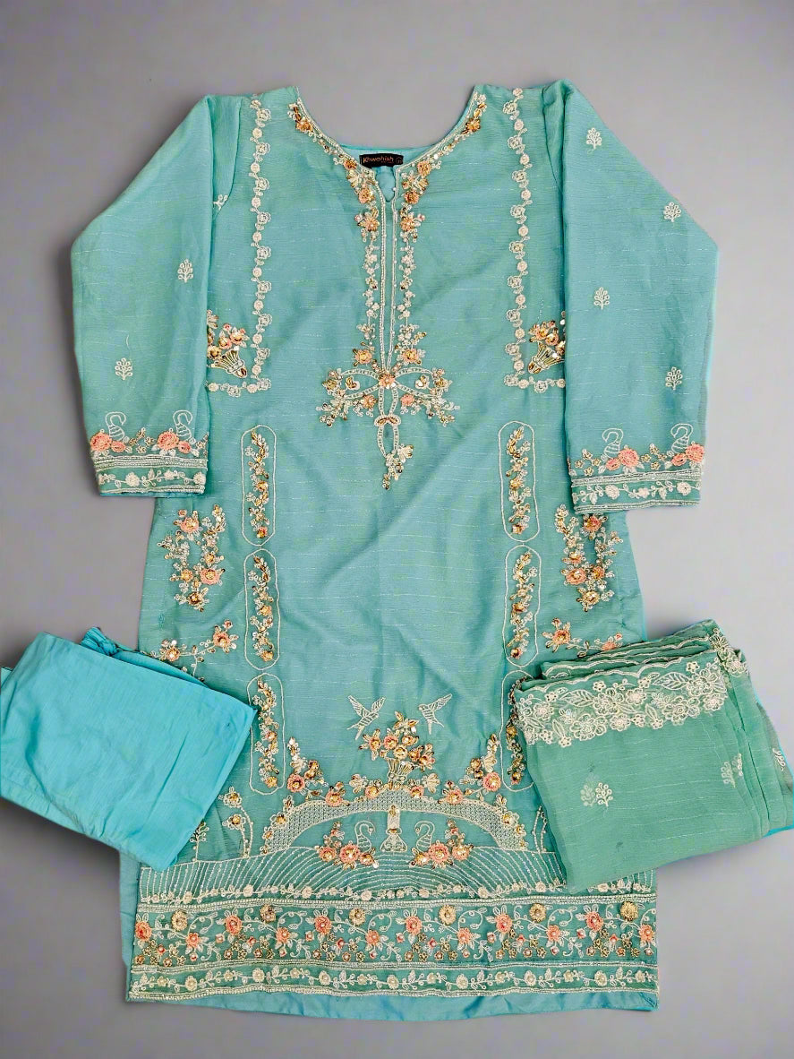 AG turquoise blue and peach colour hand embellished in pearls crystals stones