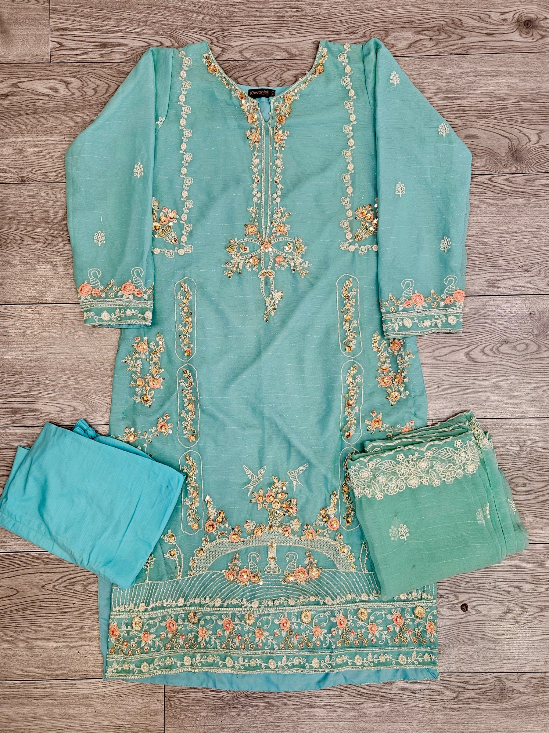 AG turquoise blue and peach colour hand embellished in pearls crystals stones