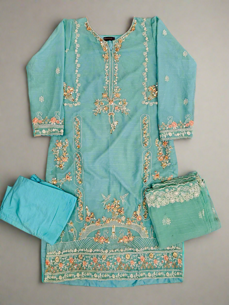 AG turquoise blue and peach colour hand embellished in pearls crystals stones