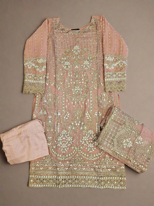 JZM salmon pink colour hand embellished in zari sequin