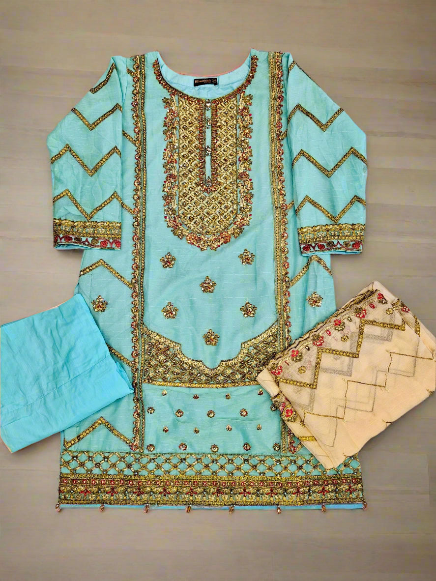 AG electric blue and light peach colour hand embellished in pearls crystals stones