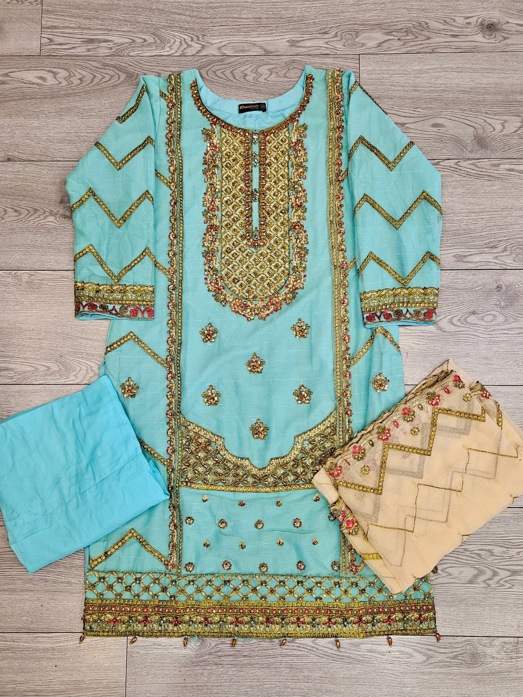 AG electric blue and light peach colour hand embellished in pearls crystals stones