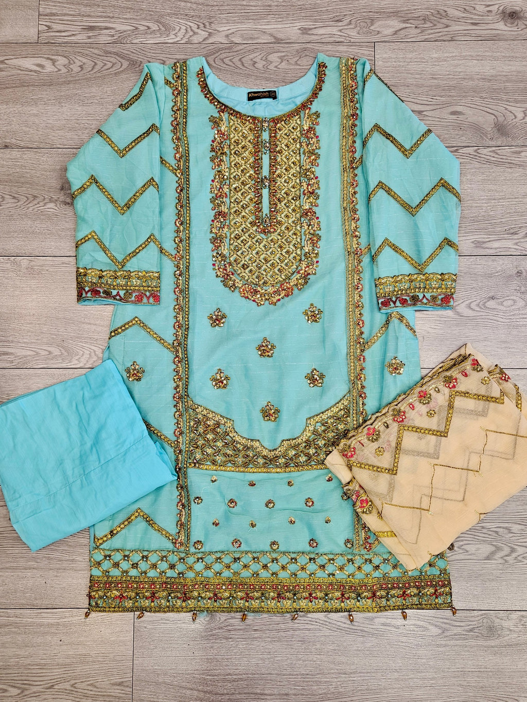 AG electric blue and light peach colour hand embellished in pearls crystals stones