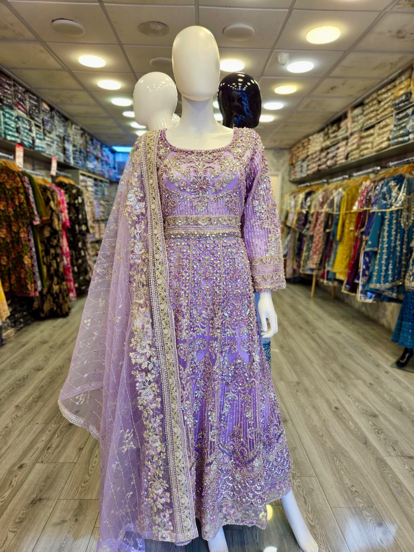HSY Lavender Purple Pearl & Stone Hand‑Embellished Maxi Dress